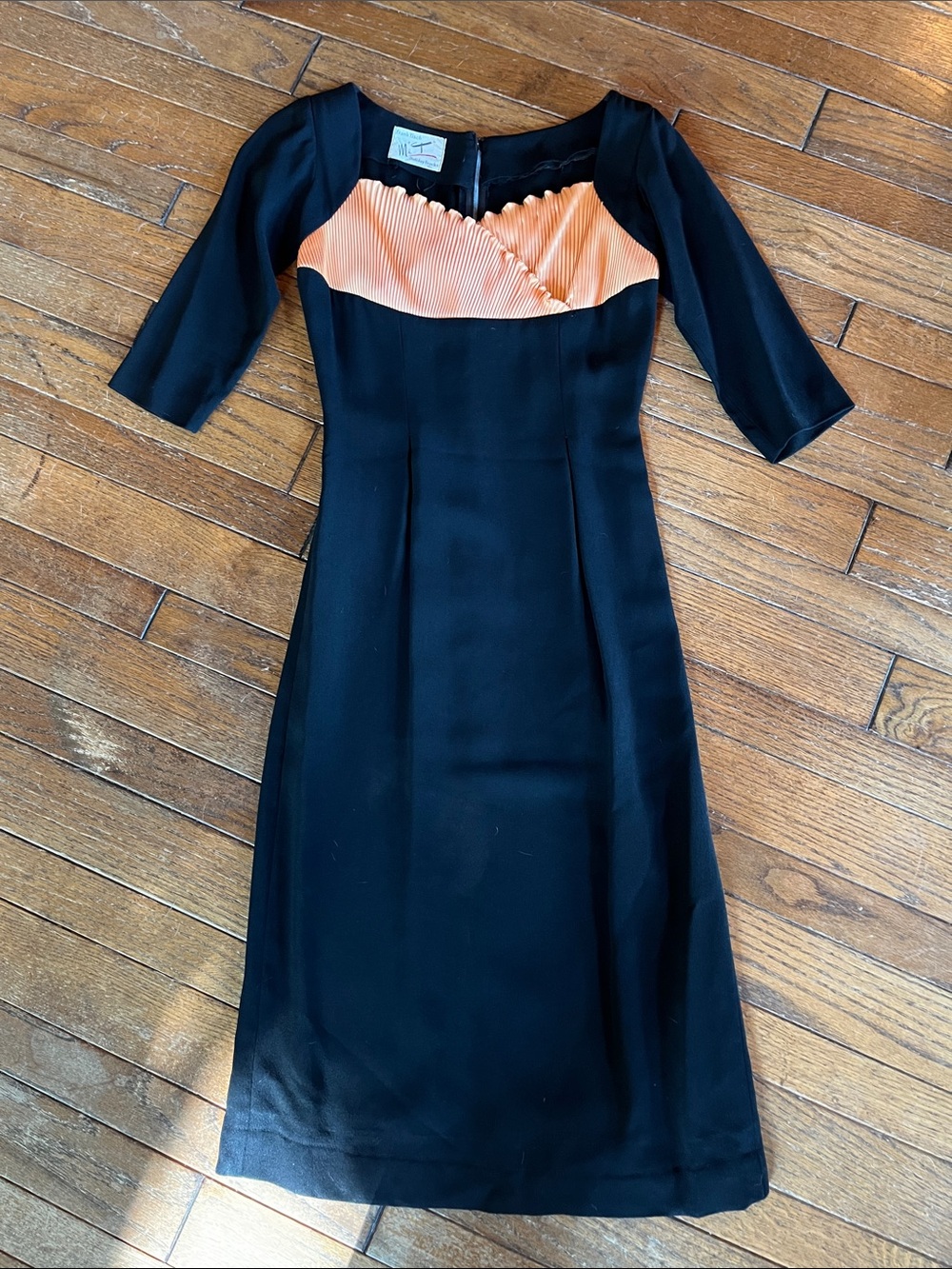 1950’s Frank Tisch Black Holiday Frock with Orange Pleated Sweetheart Neckline